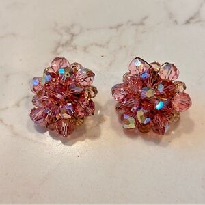 Vintage Aurora Borealis Brilliant Pink Cluster Clip On Earrings